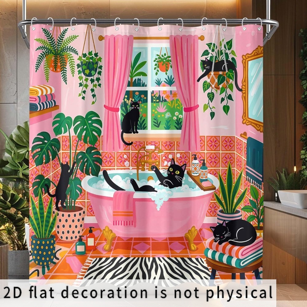 Shower Curtain Liner - 기발한 고양이와 식물 패턴 샤워 커튼