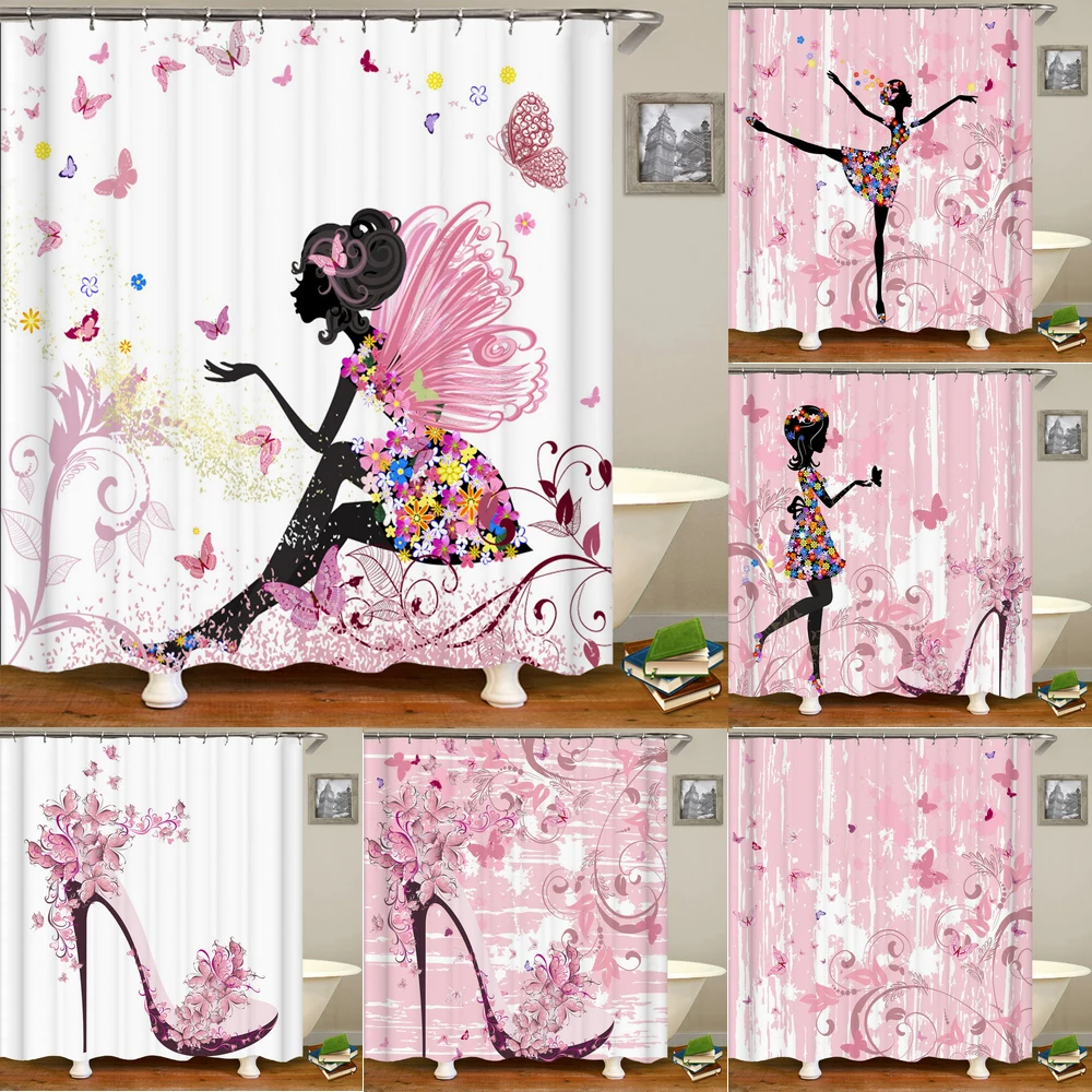Shower Curtain Liner - 핑크 꽃 나비 소녀 샤워 커튼
