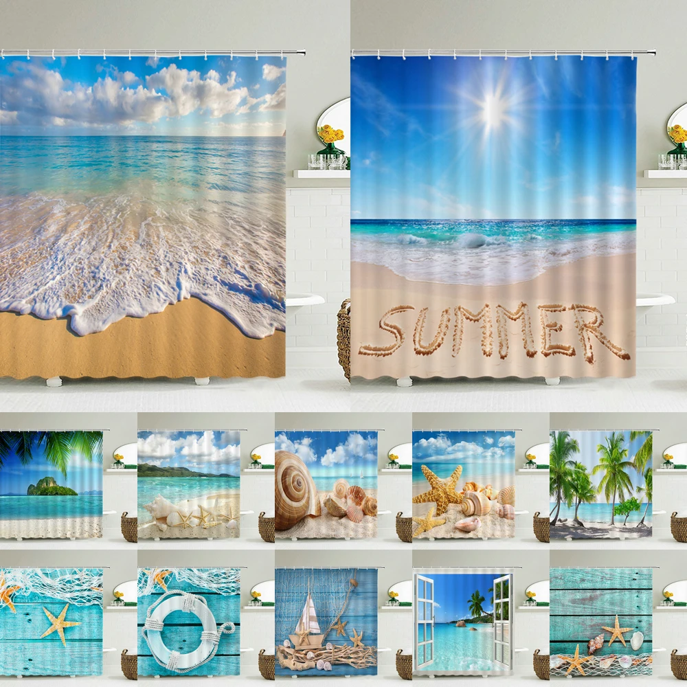 바다 경치 해변 샤워 커튼 욕실 샤워 커튼 3D 패브릭 - Shower Curtain Liner 리뷰 및 가격