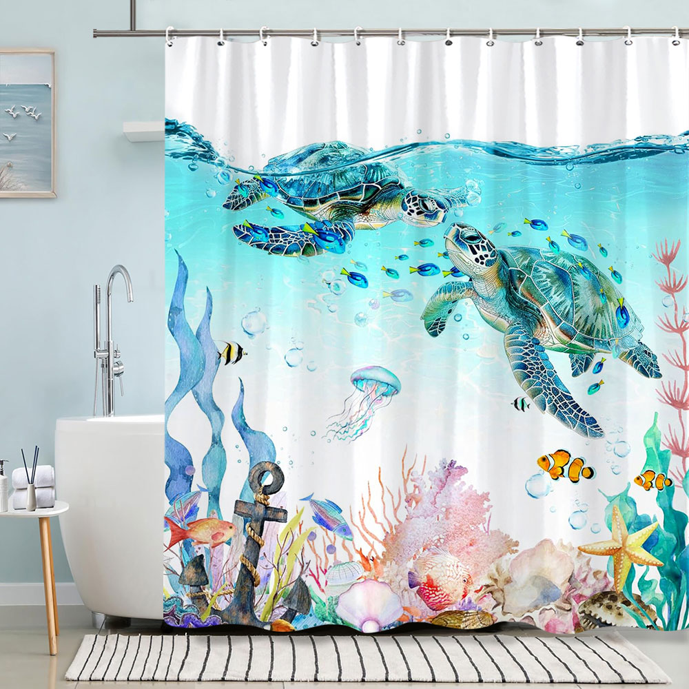 거북이 샤워 커튼, 해변 앵커, 불가사리 수채화 예술, - Shower Curtain Liner 리뷰 및 가격