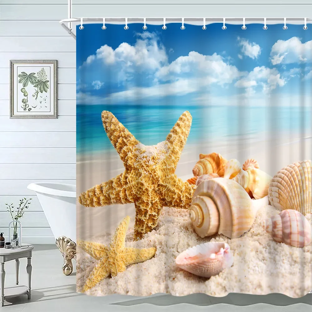 조개 샤워 커튼 여름 해변 불가사리 해안에 욕실 커튼  - Shower Curtain Liner 리뷰 및 가격
